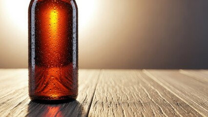 Cold brown glass bottle with condensation droplets on a wooden table. Fresh beer or soda beverage background with copy space. Backlit amber liquid glowing