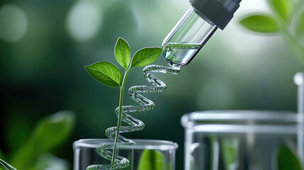 Modern biotechnology laboratory with DNA helix and young green sprout symbolizing scientific innovation, sustainable growth, and future discoveries in genetics and medicine, banner with copy space