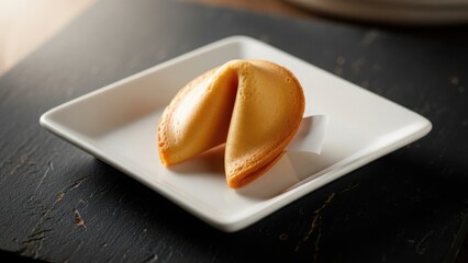 Close-up of a golden fortune cookie on a white square plate. Traditional Chinese dessert with a paper message inside. Symbol of luck and future prediction