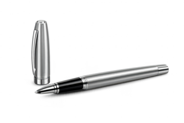 Silver pen and cap with transparent background on a black backdrop.