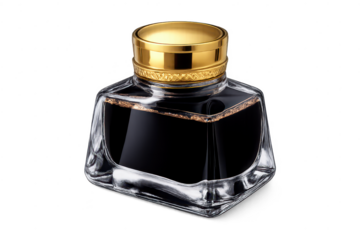 Ink bottle with gold cap on transparent background, luxury style still.
