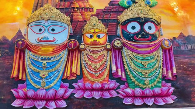 Close-up view of Jagannath temple idols adorned with vibrant colors and ornaments, capturing sacred devotion, ritual beauty, and spiritual heritage.