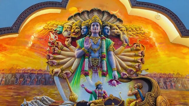 Lord Vishnu in Vishvarupa, the universal cosmic form with multiple arms, symbolizing creation, preservation, infinite power, and divine consciousness.