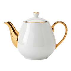 A stylish, elegant teapot, perfect for a cozy tea time. The teapot is white with a golden handle and spout. It has a modern design and stands out with a luxurious aesthetic