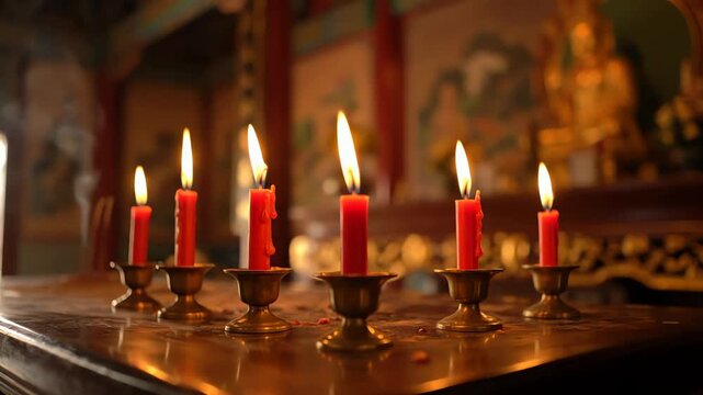 Close up of flickering red prayer candles on a brass candelabra inside a sacred Buddhist temple