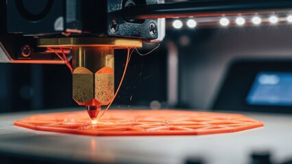 Close-up of a 3D printer nozzle printing an orange plastic object. Additive manufacturing process with molten filament. Modern engineering and prototyping technology