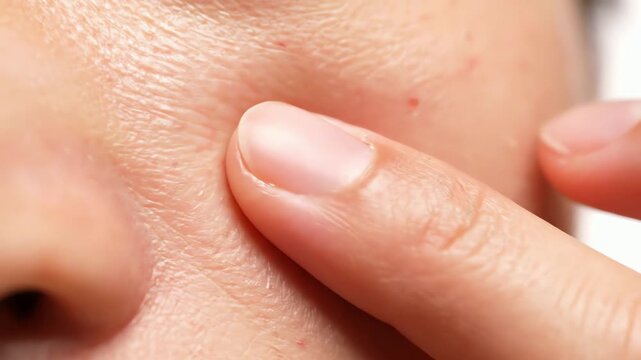 Extreme close-up of a finger touching problematic facial skin with enlarged pores and red pimples