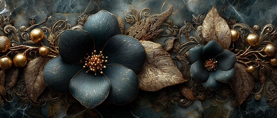 Fototapeta premium Dark, velvety flowers and golden berries adorn a moody, textured garland against shadowy stone. The rich tones evoke gothic elegance, mystery, and autumnal decay.