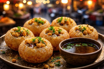 Crispy Pani Puri Stuffed With Chickpeas And Herbs Served With Spiced Water