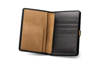 Naklejka premium Open Leather Wallet with Card Slots on transparent background scene.