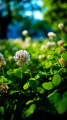 Fototapeta premium A close-up photograph of a flower with green leaves in the foreground set against a blurred background of greenery and blue sky