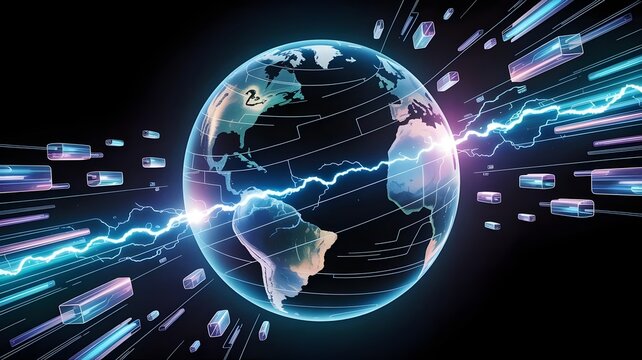 Holographic globe fragmenting into glowing data - Powered by Adobe