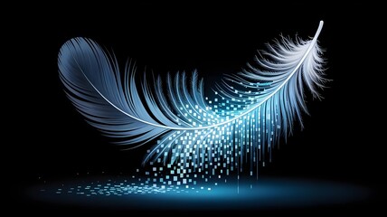 Feather dissolving into streams of glowing digital pixels – Suitable for technology concepts, digital art tutorials, or surreal design elements.