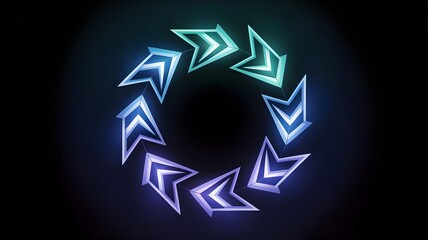 Unbroken circle of glowing cyan and blue geometric arrows on dark void – Useful for perpetual motion graphics, technology presentations, or abstract energy concepts.