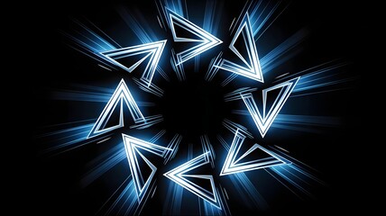 Luminous circular formation of electric blue geometric arrows on black – Ideal for high-tech backgrounds, cyclical concepts, or flow chart elements.