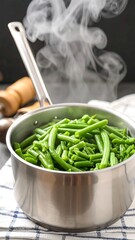 Steaming green beans in a pot