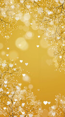 A digital illustration featuring a golden yellow background with scattered hearts and bokeh effects