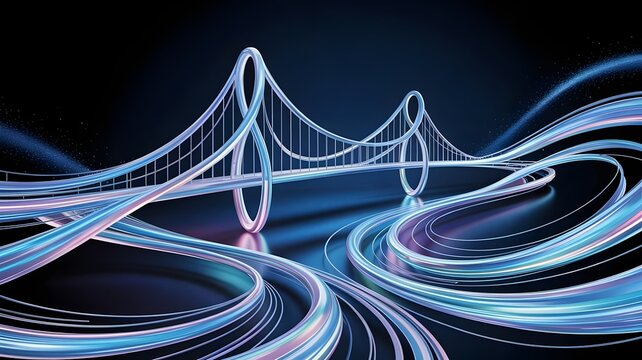 Surreal bridge structure of flowing luminescent data ribbons – Great for connectivity, big data visualization, or future technology design. - Powered by Adobe