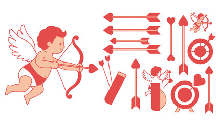 Red cartoon cherubs shooting arrows with bows and quivers cupids © Khaleda