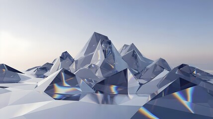 Geometric mountain range of faceted glass polygons and prismatic reflections – Suitable for digital environment, technology, or travel concepts.