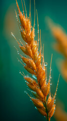 Close-up of a single grain of wheat with droplets of water on it