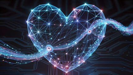 Digital heart symbol filled with glowing network nodes and data flow – Perfect for health technology, love in the digital age, or online dating concepts.