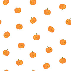 Smiling pumpkin baby seamless vector pattern on white background.