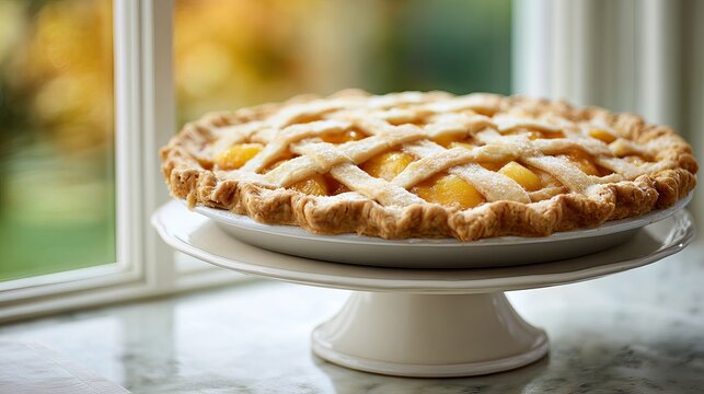 Delicious Lattice Peach Pie on Cake Stand by Window
