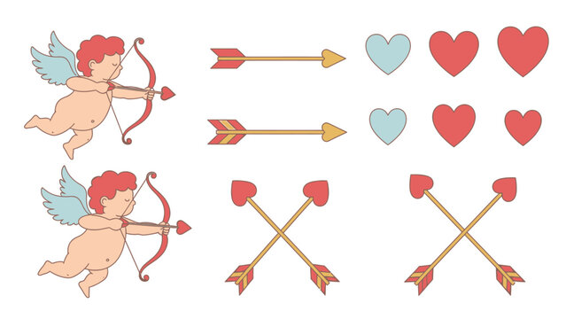 Two cherub babies shooting arrows with hearts in a cartoon style baby angel