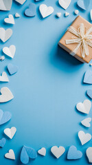 A gift box with a bow on a blue background surrounded by white and blue paper hearts