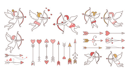 Cupid cherubs shooting arrows with hearts and colorful arrows pink © Khaleda