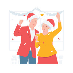 Elderly senior couple celebrating Christmas holiday new year party with glass of champagne wine concept illustration