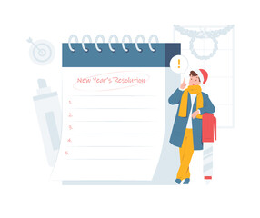 New Years resolution checklist, goal setting, personal planning, self improvement, and motivation campaign concept illustration