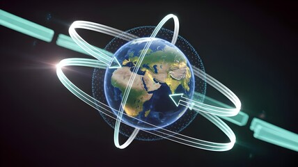 futuristic globe surrounded by rotating holographic arrows and data streams – Excellent for global business, communication, logistics, or technology.