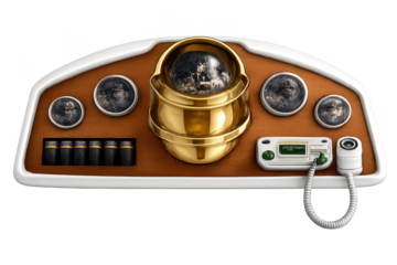 Retro instrument panel, gold and wood, on a transparent background.