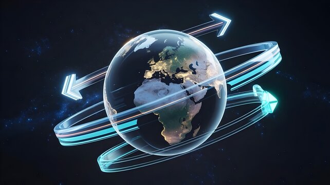 translucent digital earth globe with orbiting holographic data arrows – Ideal for global networking, international travel, science, or finance. - Powered by Adobe