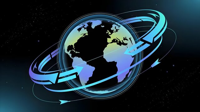 futuristic digital globe with spinning electric blue data flow arrows – Great for technology, worldwide connectivity, logistics, or digital services. - Powered by Adobe