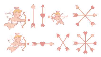 Cute cartoon cherubs shooting heart-tipped arrows in pink and beige baby angel © Khaleda