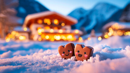 Adorable chocolate heart characters in a festive arrangement serene moonlit alpine
