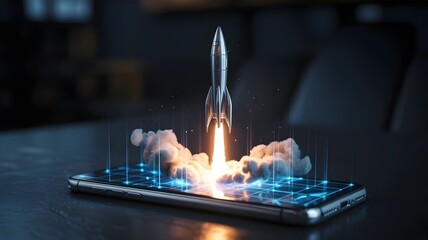 Silver rocket emerging from glowing holographic smartphone screen – Ideal for technology news, connectivity, or futuristic communication concepts.