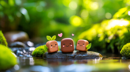 Adorable chocolate heart characters in a serene ancient chinese tea garden