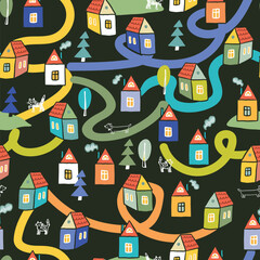 Little houses baby print seamless vector pattern on black background.