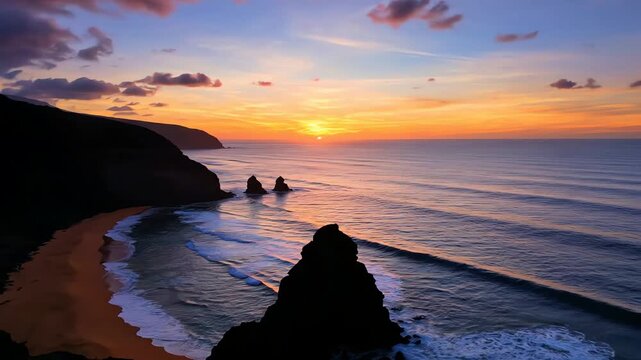 Dramatic sunset illuminates dramatic coastal cliffs and ocean waves crashing on a secluded beach
