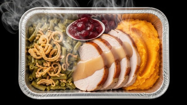 Hot Thanksgiving turkey dinner in a take-out foil container. Prepared holiday meal with sweet potatoes, green bean casserole, and cranberry sauce on a black background - Powered by Adobe