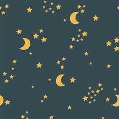 Night sky stars and moon background vector seamless pattern.