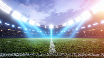 soccer stadium at night with bright lights and green field 