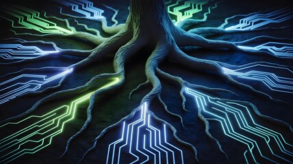 Glowing tree roots shaped like electric blue circuit board lines – Suitable for bio-technology, natural energy, or fusion of nature and tech concepts.