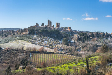 Naklejka premium San Gimignano Medieval Towers in Winter with Snow, Tuscany
