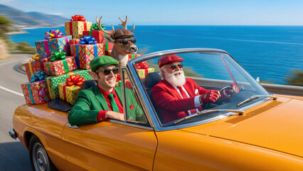 Santa, an elf, and a reindeer in sunglasses and wearing elegant suits cruise a coastal road in a classic convertible filled with wrapped Christmas presents.
