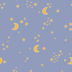 Night sky stars and moon blue background vector seamless pattern.